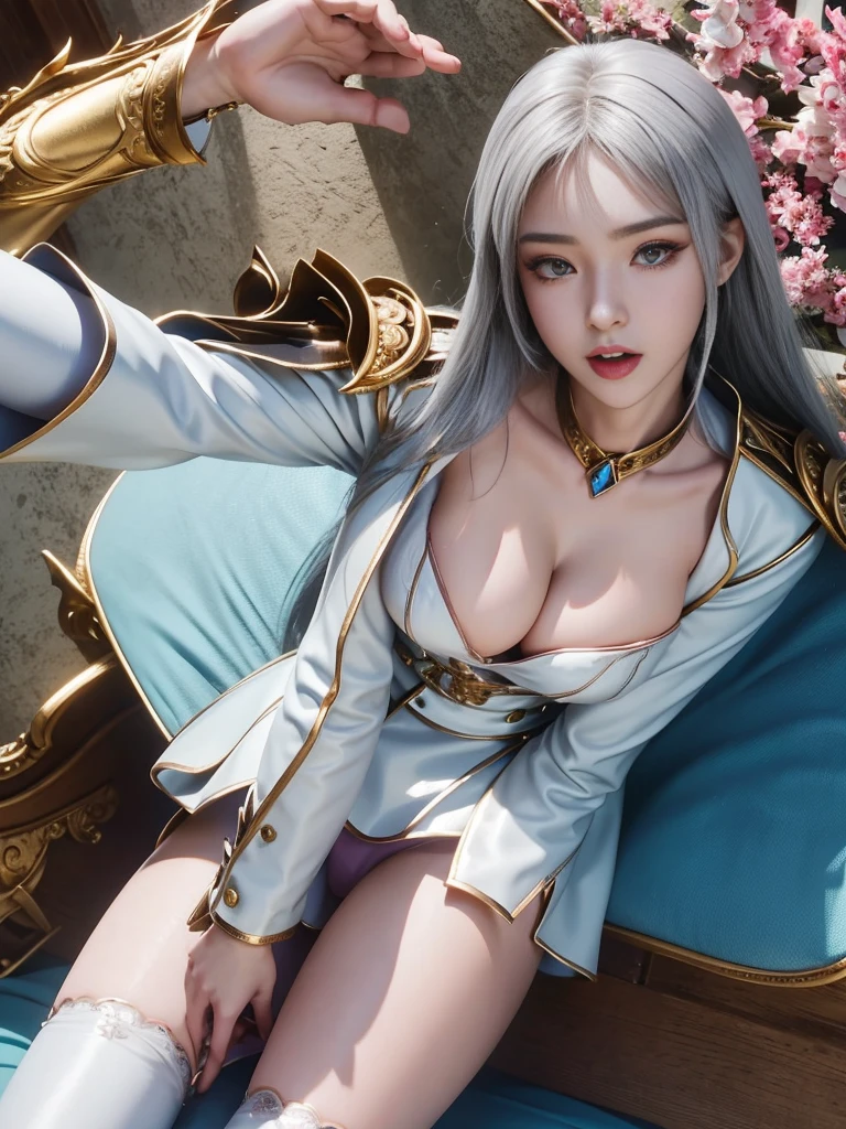 （girl lying on the bed）、Portrait、bright look、young shiny glossy white shiny skin、best looks、ultimate beautiful girl、The most beautiful platinum blonde hair in the world、shiny bright hair,、Super long straight hair、Shining beautiful bangs、Sparkling crystal clear charming blue eyeedium size bust、（（Hide your nipples with both hands,））and、Beautiful glowing blue eyes、gray hair、silver hair、((beautiful breasts :1.1)), (exposed chest）0p、mix４, (Best Illustration: 1.1), (best shadow: 1.1), tongue、Vaginal orchid、watery vaginal discharge、blowing tide、andてもbeautiful breasts、grab your chest with both hands、 spread your legs、sexual excitement、sexual expression、shiny skin。realistic、photographrealsitic:1.37)、(K-POP idol)、sleeping sidewayessy hair、medium hair、(pink blush)、(illuminate)、[[spread legs、spread your legs apart]]、(solo)、dynamic pose、((nipple))、(puffy eyes:1.２)、 (slim legs)、erotic、nffsw、very detailed ambient occlusion、Super high resolution, Super realistic, very detailed, (yawning), (((Exhibitionism))), ((she is soaking wet)).photograph