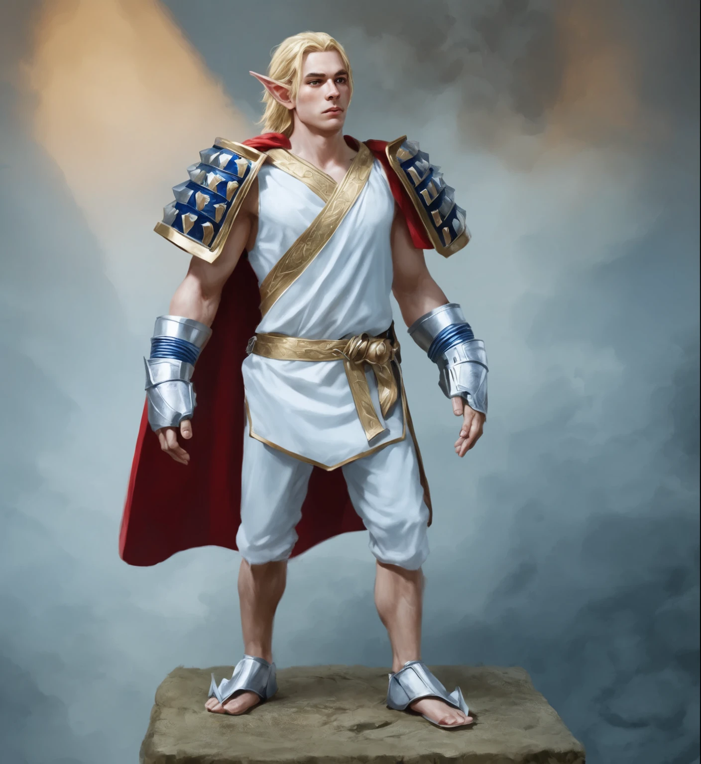male fantasy character art, a strong elf in a white robe, red cape and blue shoulder pads.