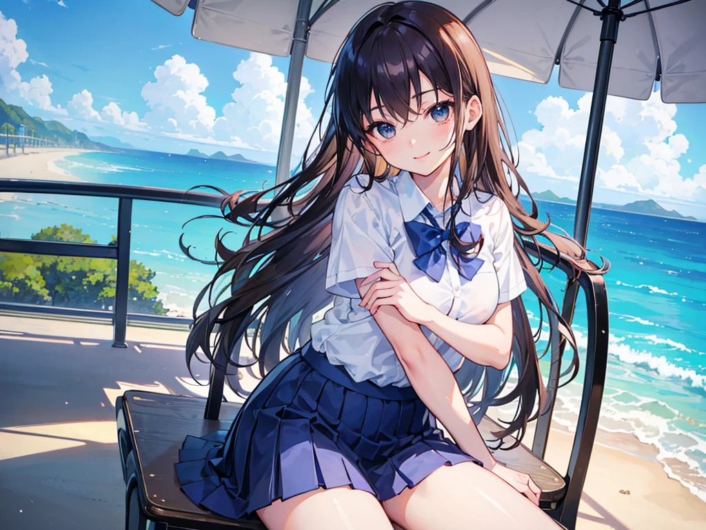 master piece, extremely detailed, high resolution,Makoto Shinkai style、high school girl、Short-sleeved shirt、Blue bow tie、Glossy, plump lips、Shiny Hair、Brown Hair、Long Straight Hair、Mid-chest、Narrow waist、Checkered mini skirt、Park with an ocean view、Sitting in a chair、is smiling happily、