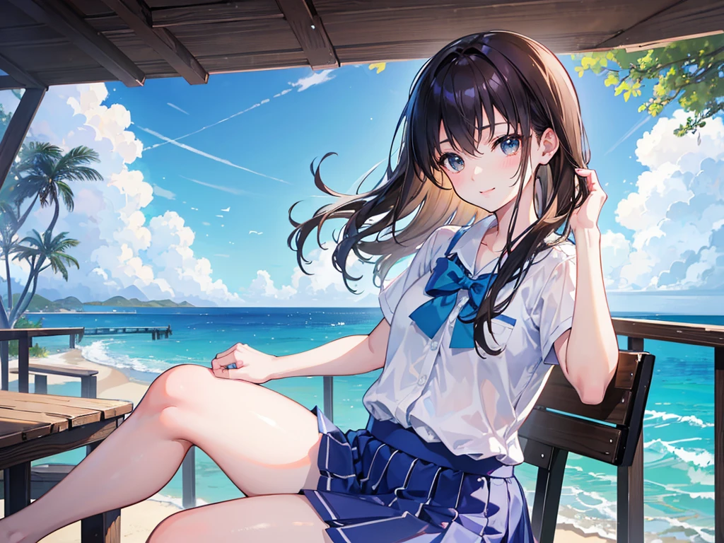 master piece, extremely detailed, high resolution,Makoto Shinkai style、high school girl、Short-sleeved shirt、Blue bow tie、Glossy, plump lips、Shiny Hair、Brown Hair、Long Straight Hair、Mid-chest、Narrow waist、Checkered mini skirt、Park with an ocean view、Sitting in a chair、is smiling happily、