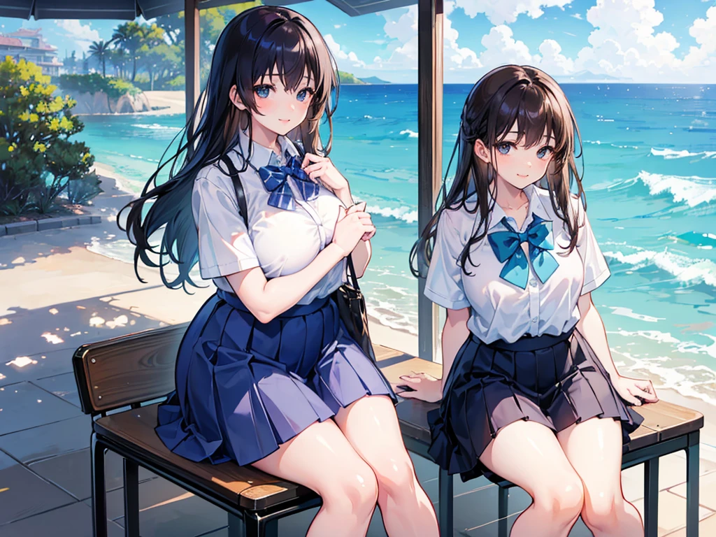 master piece, extremely detailed, high resolution,Makoto Shinkai style、high school girl、Short-sleeved shirt、Blue bow tie、Glossy, plump lips、Shiny Hair、Brown Hair、Long Straight Hair、Mid-chest、Narrow waist、Checkered mini skirt、Park with an ocean view、Sitting in a chair、is smiling happily、