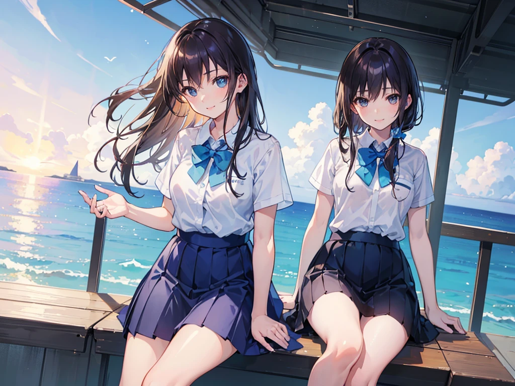 master piece, extremely detailed, high resolution,Makoto Shinkai style、high school girl、Short-sleeved shirt、Blue bow tie、Glossy, plump lips、Shiny Hair、Brown Hair、Long Straight Hair、Mid-chest、Narrow waist、Checkered mini skirt、Park with an ocean view、Sitting in a chair、is smiling happily、