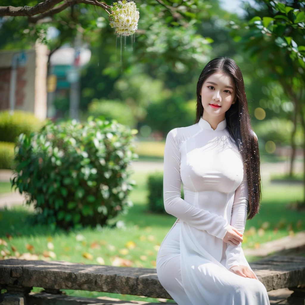 big breasts, round breasts, wearing bra inside ao dai, slim figure, beautiful figure, big breasts, long straight hair, ((sharp 8k quality photo)), ((details of beautiful, sharp face, face balanced) cho)), ((beautiful breasts, revealing cleavage, plump body), ((beautiful sparkling eyes, sharp eye details, beautiful face, balanced eyes)), ((sitting under a tree It's raining and my whole body is wet, the rain is wet, my ao dai shows my chest)), ((super beautiful body with high details, tight body, big bust and slim waist)), ((round breasts))