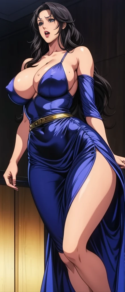 girl,alone,Gray background,Artistic lighting,Beautiful Asian Goddess,Long black hair,Long Hair,Wavy Hair,eyelash, blue eyes, lipstick, Black evening dress,Strap Dresses,(Shiny costumes),(Wearing a belt around his waist),Sensual,(Hair blowing in the wind),Graceful features,No sleeve,Mature Woman, Mature Woman,Detailed fingers, Perfect hands, Length 180cm,Small face,sweating,Soft thighs,Sexy legs,Sexy ass, Cleavage,Open the chest,Smooth thighs and legs,((Amazing orgasm)),大きなSexy ass, Perfect Body Proportions, Slim waist,Nipples visible,Tight waist,(Long legs:1.4),F cup bust,Huge :1.3,perspective:1.2,Looking at the audience,Character-centric,symmetry diagram,whole body:1.5,From below:1.3,Abdominal shot