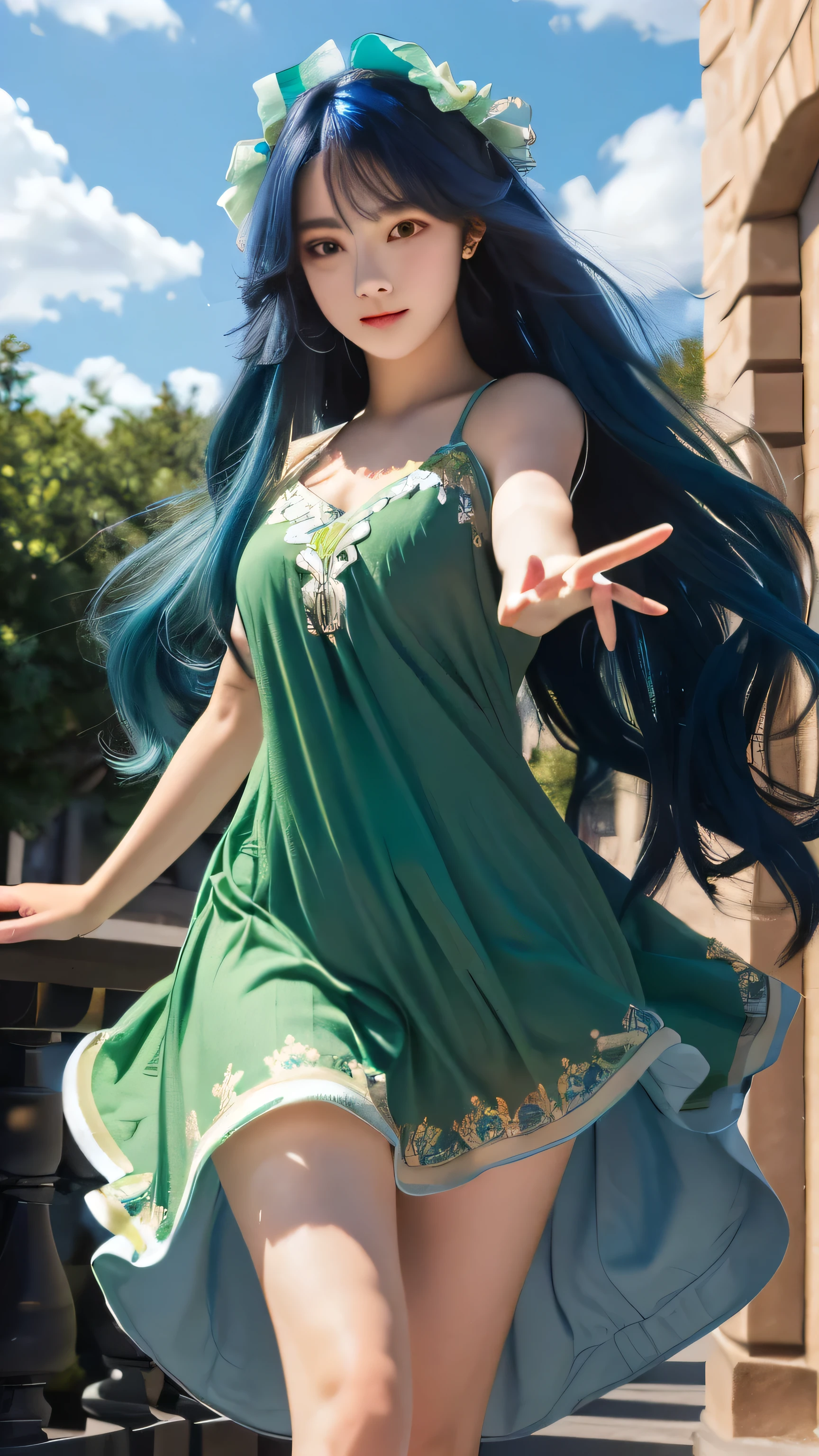 Realistic girl with long blue hair and green dress posing for a picture, 8k image