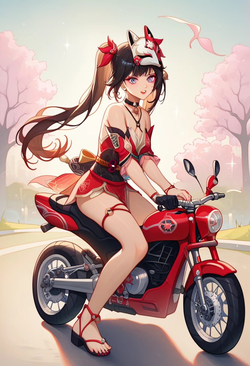 score_9, score_8_up, score_7_up, absurdres, 1girl, teen girl, sparkle, mask on head, choker, single glove, bracelet, thigh strap, riding superbike, yamaha, sportbike, motorcycle, riding, full fairing bike, Yamaha r15, yamaha r25, yamaha r1