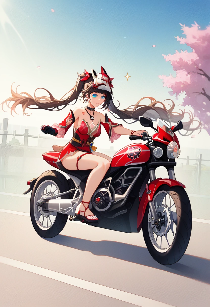 score_9, score_8_up, score_7_up, absurdres, 1girl, teen girl, sparkle, mask on head, choker, single glove, bracelet, thigh strap, riding superbike, yamaha, sportbike, motorcycle, riding, full fairing bike, Yamaha r15, yamaha r25, yamaha r1