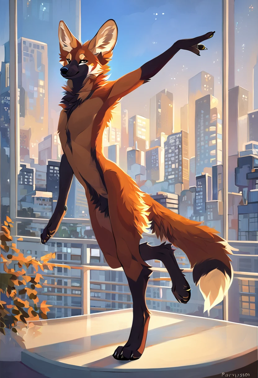 Solo, male, furry art, maned_wolf, fursona, ((canine)), (((brown primary fur))), white secondary, (perky ears), cool pose, city background, amazing art, masterfully executed, beautiful background, normal body, paws.