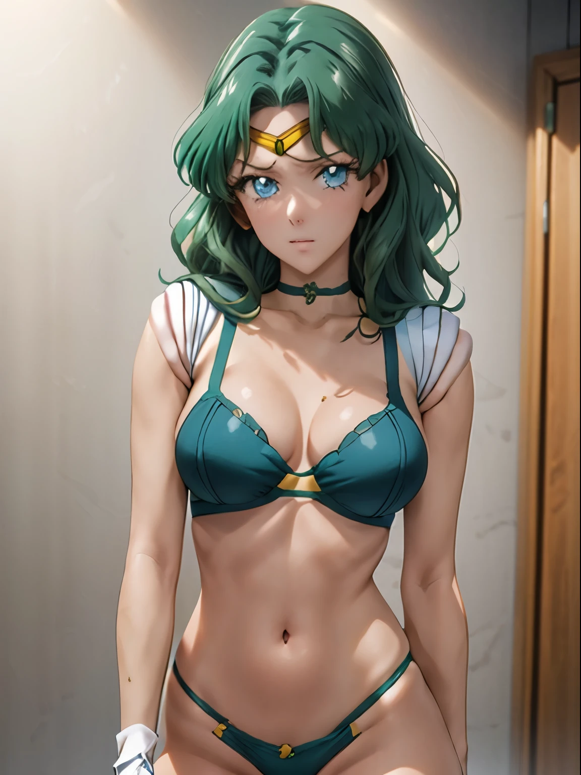 Sailor Neptune, 1 girl, green hair, short hair, blue eyes, detailed eyes, simple background, female focus, alone, standing, Michiru Kaio, portrait, full body, (Masterpiece:1.0), (best quality:1.0), (wallpaper 8k:1.0), (beautiful face detailed:1.0), (deep detailed eyes), deep eyes, looking at viewer, pink bra, white gloves, large breasts, bare abdomen, pink panties, swimming pool in the background,