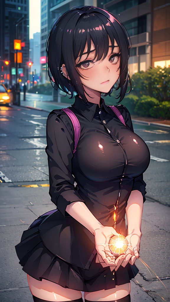 (masterpiece, highest quality, highest quality, official art, beautiful and aesthetic:1.2), Cinematic lighting、(Key light at 45 degrees from the front,Orange fill light、Soft blue backlight、Strong shadows、blue and orange color palette), accurate human body、detailed person、Correct five-finger、RAW photo、 4K - ultra-vivid、highest quality, masterpiece, ultra high resolution, (reality: 1.4), 

(((oil skin,sparkling skin、realistic skin texture、detailed beautiful skin、shiny skin、shiny skin)))、

upper body shot, camera angle is low, Depth of the bounds written, Focus on the center, fine eyes, perfect face and eyes、

girl, short bob black hair, early , black Hoodie with pockets, plaid miniskirt, purple collar, black face mask, piercing, 
small breasts, slender, standing , naughty, 
zettai ryouiki, absurd resolution, absurd detailed, best quality, (((big breasts)))