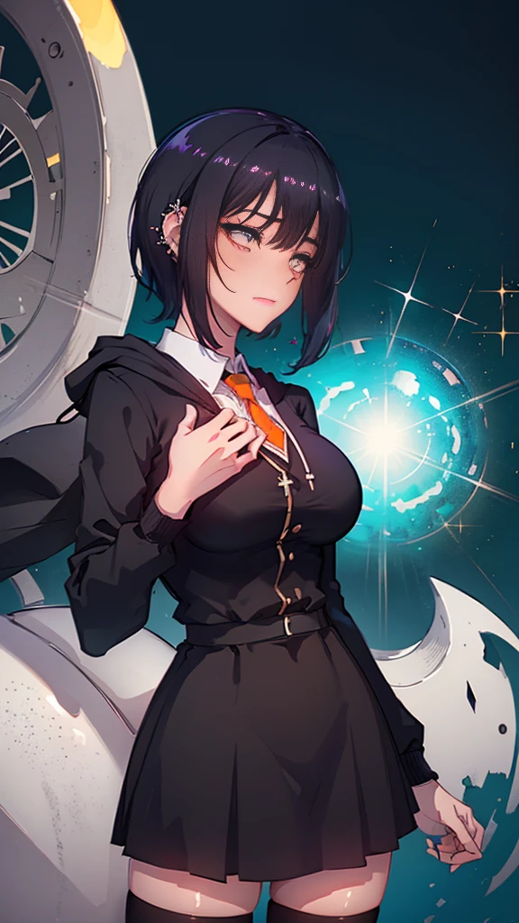 (masterpiece, highest quality, highest quality, official art, beautiful and aesthetic:1.2), Cinematic lighting、(Key light at 45 degrees from the front,Orange fill light、Soft blue backlight、Strong shadows、blue and orange color palette), accurate human body、detailed person、Correct five-finger、RAW photo、 4K - ultra-vivid、highest quality, masterpiece, ultra high resolution, (reality: 1.4), 

(((oil skin,sparkling skin、realistic skin texture、detailed beautiful skin、shiny skin、shiny skin)))、

upper body shot, camera angle is low, Depth of the bounds written, Focus on the center, fine eyes, perfect face and eyes、

girl, short bob black hair, early teen, black Hoodie with pockets, plaid miniskirt, purple collar, black face mask, piercing, 
small breasts, slender, standing , naughty, 
zettai ryouiki, absurd resolution, absurd detailed, best quality, (((big breasts)))