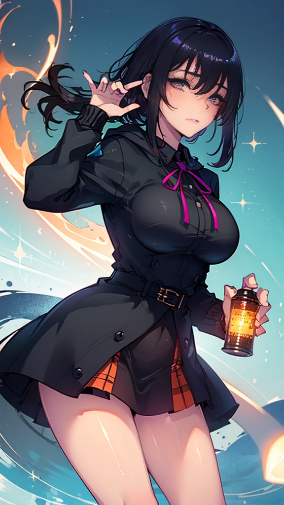 (masterpiece, highest quality, highest quality, official art, beautiful and aesthetic:1.2), Cinematic lighting、(Key light at 45 degrees from the front,Orange fill light、Soft blue backlight、Strong shadows、blue and orange color palette), accurate human body、detailed person、Correct five-finger、RAW photo、 4K - ultra-vivid、highest quality, masterpiece, ultra high resolution, (reality: 1.4),
(((oil skin,sparkling skin、realistic skin texture、detailed beautiful skin、shiny skin、shiny skin)))、
upper body shot, camera angle is low, Depth of the bounds written, Focus on the center, fine eyes, perfect face and eyes、
girl, short bob black hair, early teen, black Hoodie with pockets, plaid miniskirt, purple collar, black face mask, piercing,
small breasts, slender, standing , naughty,
zettai ryouiki, absurd resolution, absurd detailed, best quality, (((big breasts)))