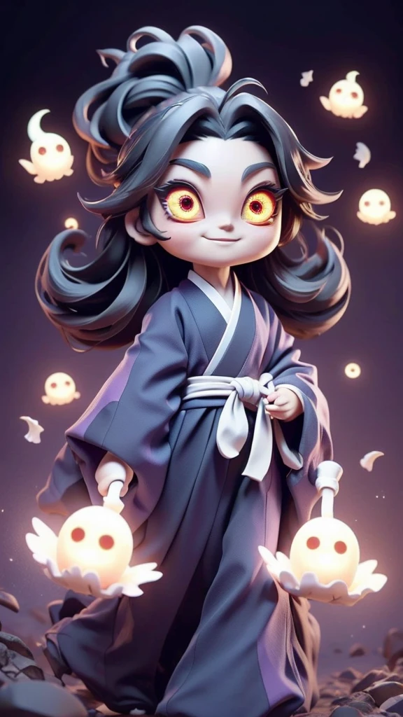 cute、Mini character、Fantasy、Smiling、Rainbow Eyes、Flying happily、Long Hair、ponytail、Six Eyes、Dark kimono and hakama、Eyes６There are、Ghost
