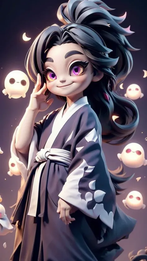 cute、mini character、fantasy、smiling、rainbow eyes、flying happily、long hair、ponytail、six eyes、dark kimono and hakama、eyes６there ar...