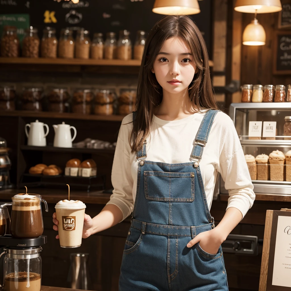 1 girl, brown hair, undone dungaress, coffee shop background, good posture, glow skin, soft lighting, warm light, good structure, hyper detail description, extremely detailed, high quality, Ultra HD (4k, 8k)