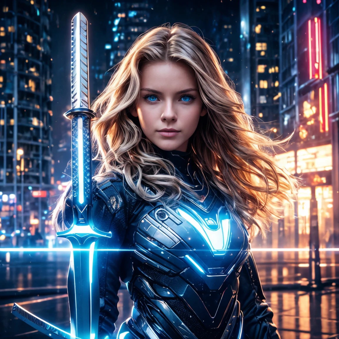 professional portrait photograph of a gorgeous 18 year,Norwegian girl Lise Olsen in cyberpunk city with long wavy blonde hair,blue eye,happy,sultry flirty look, gorgeous symmetrical face, cute natural makeup, ((as cybersamurai holding weapons)), ((standing )), stunning modern urban environment, ultra realistic, concept art, elegant, highly detailed, intricate, sharp focus, depth of field, f/1. 8, 85mm, medium shot, mid shot, (((professionally color graded))), bright soft diffused light, (volumetric fog), trending on instagram, hdr 4k, 8k 
