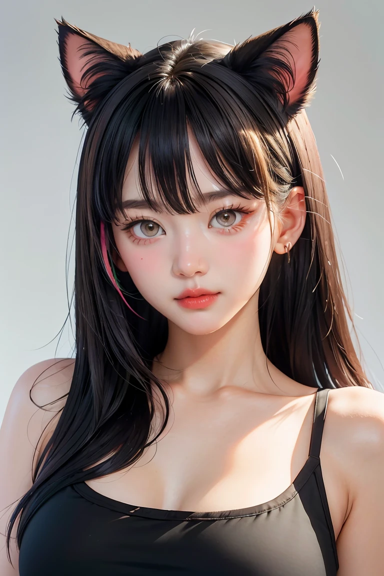 1girl, animal_ear_fluff, animal_ears, bangs, bare_shoulders, black_hair, blush, breasts, cat_ears, closed_mouth, eyebrows_visible_through_hair, green_eyes, grey_background, hair_between_eyes, karyl_(princess_connect!), long_hair, looking_at_viewer, medium_breasts, multicolored_hair, shirt, simple_background, sleeveless, sleeveless_shirt, solo, upper_body, white_background, white_shirt, 