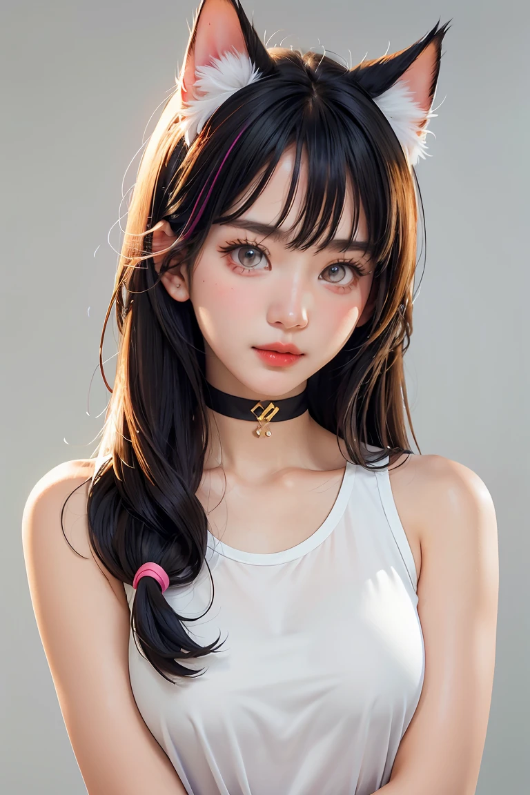 1girl, animal_ear_fluff, animal_ears, bangs, bare_shoulders, black_hair, blush, breasts, cat_ears, closed_mouth, eyebrows_visible_through_hair, green_eyes, grey_background, hair_between_eyes, karyl_(princess_connect!), long_hair, looking_at_viewer, medium_breasts, multicolored_hair, shirt, simple_background, sleeveless, sleeveless_shirt, solo, upper_body, white_background, white_shirt,