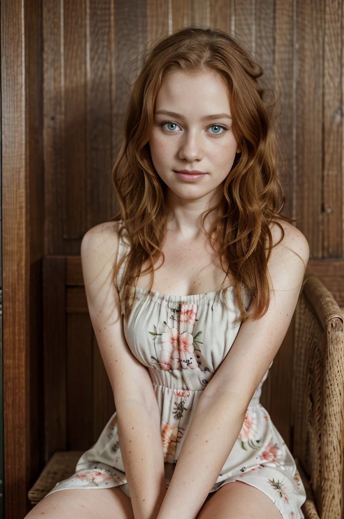 1 girl, age 24, wearing colorful floral pattern sundress, complex details, hyperdetailed, aesthetic artwork, irish redhead, wavy ginger hair, shoulder length hair, grey eyes, some small freckles, pale skin, (textured skin, skin pores:1.1), (moles:0.8), imperfect skin, goosebumps, sitting down having coffee, drinking coffee, (extremely detailed 8k wallpaper), soft lighting, high quality, film grain, Fujifilm XT3 sharp focus, f 5.6, 50mm, High Detail, Sharp focus,(natural light), smile