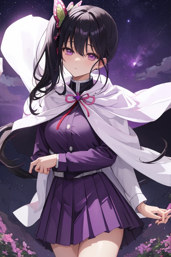 (masterpiece:1.3), (best quality:1.1), (8k, ultra detailed, ultra high res:1.2), ((anime style)), perfect 5 fingers, (perfect anatomy), arms behind back,
1girl,
Kanao Tsuyuri,
BREAK long hair, side ponytail,
black hair,
purple eyes, (empty eyes:1.5),
butterfly hair ornament,
(medium breasts:0.9),
BREAK (purple shirt, pleated purple skirt, long sleeve, white cape with ribbon:1.2), looking at viewer,
cowboy shot,
perfect light,
waving, outdoors, forest, field, night, night sky, starry sky,