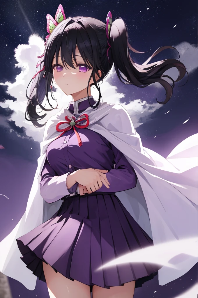 (masterpiece:1.3), (best quality:1.1), (8k, ultra detailed, ultra high res:1.2), ((anime style)), perfect 5 fingers, (perfect anatomy), arms behind back,
1girl,
Kanao Tsuyuri,
BREAK long hair, side ponytail,
black hair,
purple eyes, (empty eyes:1.5),
butterfly hair ornament,
(medium breasts:0.9),
BREAK (purple shirt, pleated purple skirt, long sleeve, white cape with ribbon:1.2), looking at viewer,
cowboy shot,
perfect light,
waving, outdoors, forest, field, night, night sky, starry sky,