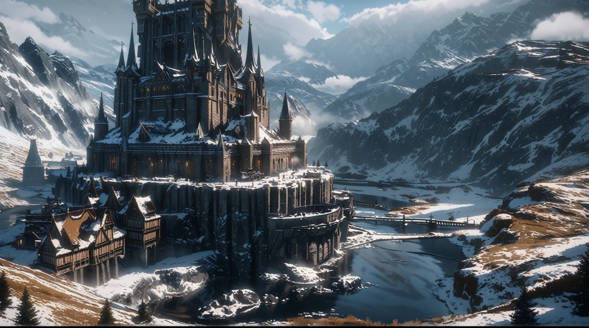  anime aetetics, big wooden nordic castle, a little fog, northen architecture, vikings architecture, day time, epic structure, histiorical monument, river on the background, foot of the mountain on the background, northern lanscape, tundra, whiterun city, skyrim inspired, from skyrim, skyrim, wide shot, atmospheric perspective, perspective, 4K, 8k, award winning, super detail, masterpiece, UHD