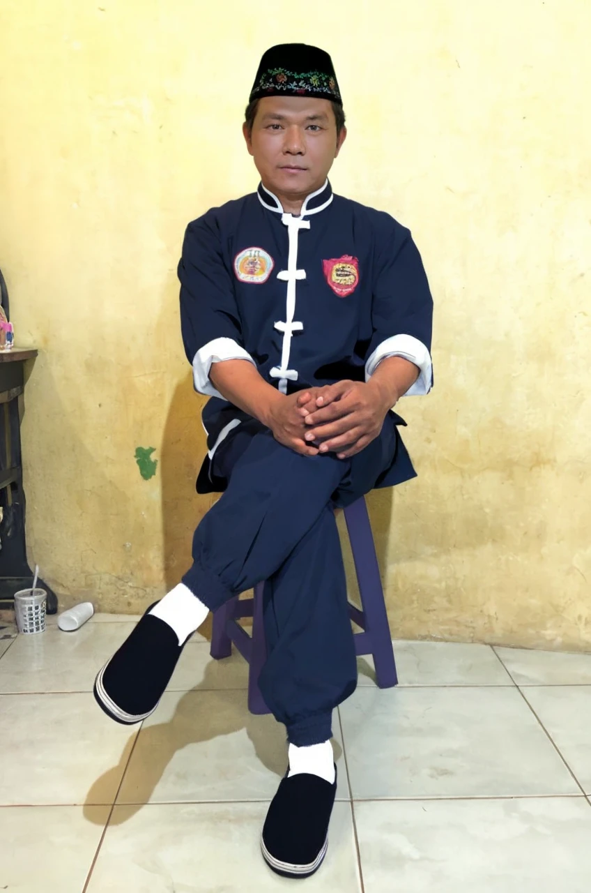 Realistic 5D caricature image of a full body Indonesian man sitting on a chair with a red curtain background. He is wearing traditional Chinese clothing, long-sleeved black cheongsam (sleeves rolled up to the elbows), shirt edges with white stripes on the edges and sleeves, shirt collar edges with stripes white. He wore a black skullcap. His hands were folded in his lap. He wore plain black joggers, white socks, and black traditional Chinese slip-on shoes (Wing Chun shoes) that matched his outfit. The man wore a calm and serious expression. The chair he sat on was red, possibly made of cloth or foam, with red armrests. He sat with his legs crossed, left leg over right. The backdrop features bright red curtains that stretch from top to floor. The floor visible below has a tile pattern, perhaps ceramic or tile, with some visible stains or dirt. Detailed HD quality cinematic 5D rendering.