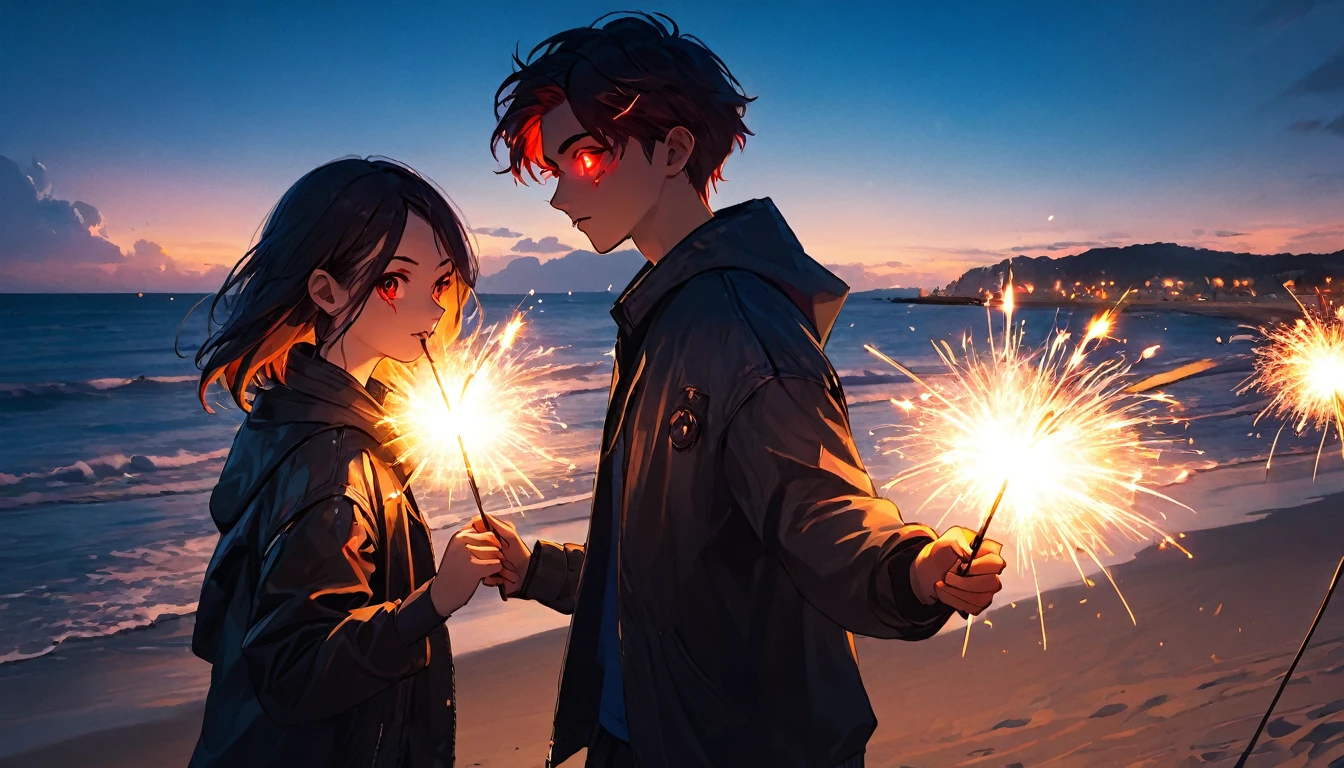 Man and woman playing sparklers, ager, cyberpunk, red eyes, glowing eyes, beach, sparkler