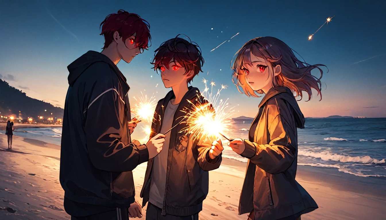 Man and woman playing sparklers, ager, cyberpunk, red eyes, glowing eyes, beach, sparkler
