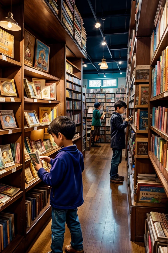 anime scenery, Transition to a quaint bookstore with a sign glowing softly.
Children browsing through shelves filled with colorful books.
A young boy excitedly choosing a book and handing money to the shopkeeper. colorful anime movie background