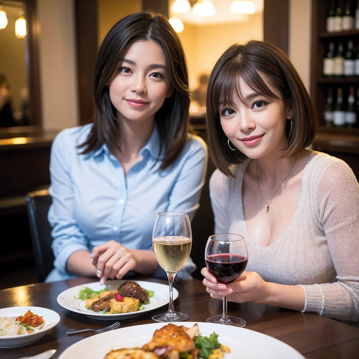 ((Highest quality、8K、masterpiece:1.3))、slimカップル、Pink rubber、modelカップル、(Realistic, Intricate details:1.2), full-course dinner、Wine Party、Amazing view of the sunset sky and clouds、A bright smile、The wonderfulness of smile、Bright image、The beauty of wine, Beautiful Face, blue eyes, The light shines on your face, Blushing, short hair,Bright Face、42 years old), 39 years old, red wine 、Appetizers、Italian food、Wine bottle、Champagne、sparkling wine、Two beauties、Brown Hair、Shortcuts、Long sleeve shirt、dress、Beautiful woman 1, (slimな顔), (The body is slim), (Brown Hair), (Shortcuts), cheeks turn a little red,Attractive beauty、restaurant, In a prominent place (From the waist up) Nova Frog Style, actress, model, Upper Body, White wine, slim, wine glass, 中央に置かれたwine glass, smile, (smile: 1.15), Beautiful fine grain, Depth f/2,saturation, High Contrast, Strong light and shadow,Moist Body:1.5、3D texture、Delicate eyes、Brown Hair、The hair is very shiny、