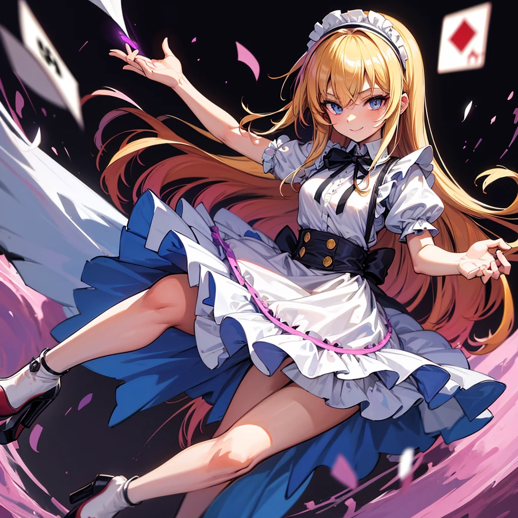(Tabletop, Highest quality), (Perfect athletic body:1.2), (Fine hair), Super detailed, Anime Style, whole body, alone, Fantasy Blonde Hair, Blue Eyed Girl, Apron dress like Alice in Wonderland, Playing cards with your hands, Red Hairband, Black-purple miasma swirls, There are many whispers of the floating black devil, Nightmarish sights, Standing in the Wilderness, High heel boots, Digital Painting, 8K high resolution, Trend Art Station, White Background, whole body, Bad smile