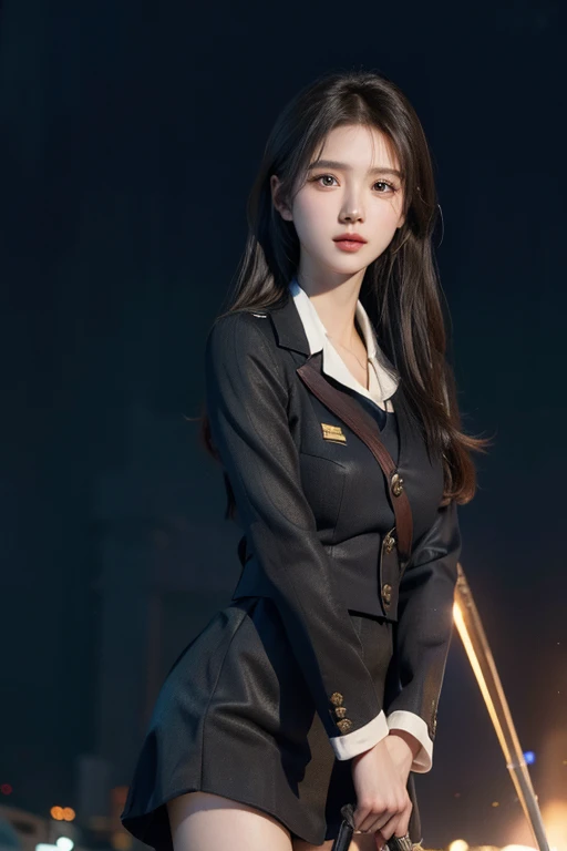 (masterpiece, best quality, super fine illustration, photo realistic, detailed background:1.3),(perfect anatomy:1.2),(extremely detailed),detailed beautiful eyes, BREAK cute girl,shiny body,dual wielding,Military Uniform, BREAK City,starry skies,