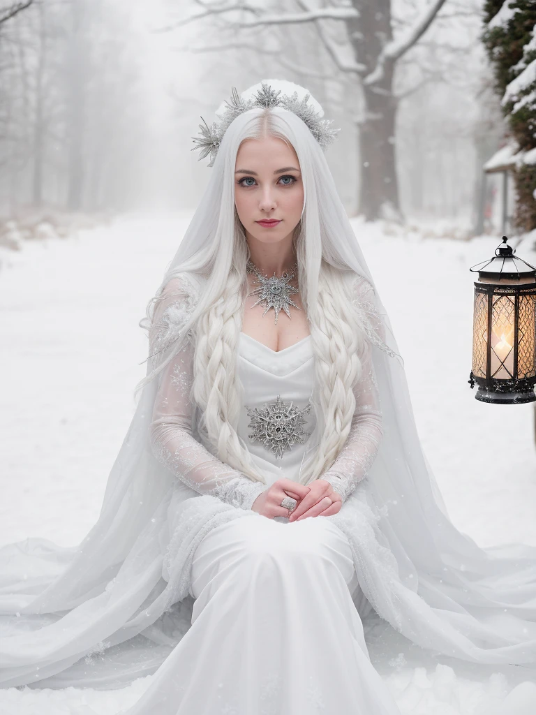 arafied woman in white dress sitting on snow with lantern, inspired by Anne Stokes, in the snow, girl under lantern, in style of anne stokes, very long snow colored hair, portrait of a steampunk ice lady, only snow i the background, pale snow white skin, in snow, ice queen, goddess of winter, white witch, full body:: snow outside::