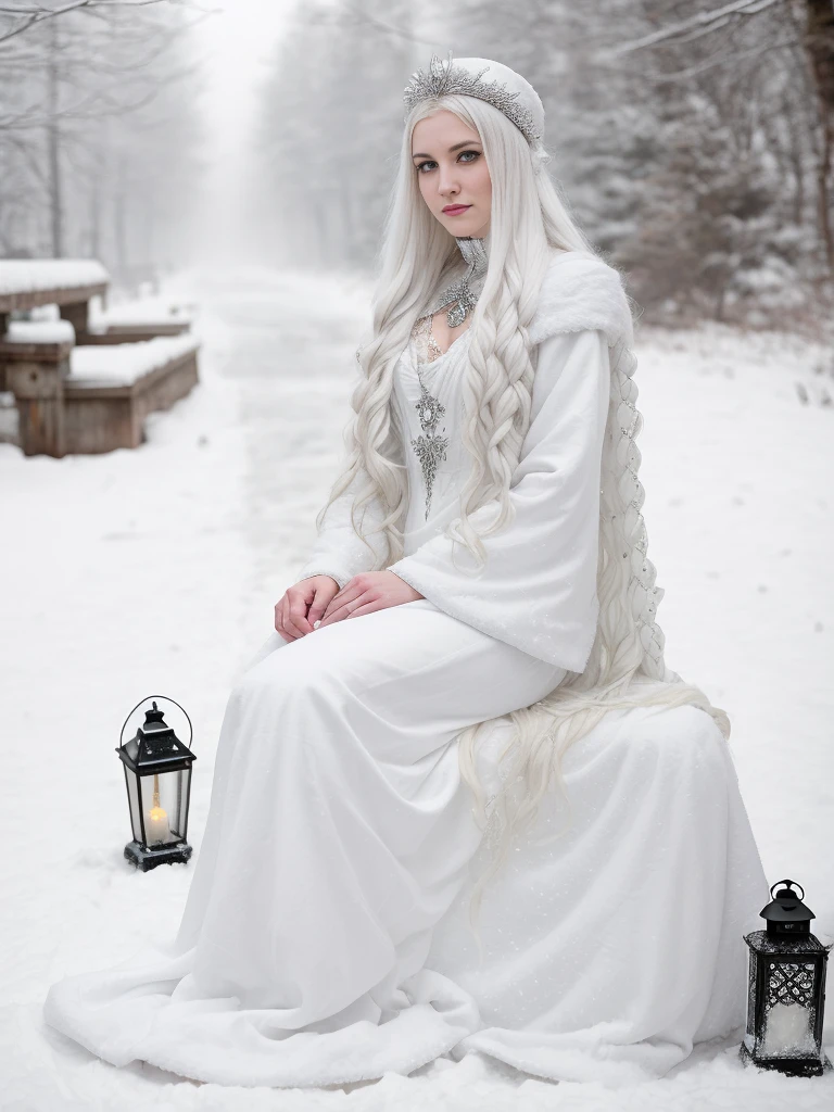 arafied woman in white dress sitting on snow with lantern, inspired by Anne Stokes, in the snow, girl under lantern, in style of anne stokes, very long snow colored hair, portrait of a steampunk ice lady, only snow i the background, pale snow white skin, in snow, ice queen, goddess of winter, white witch, full body:: snow outside::