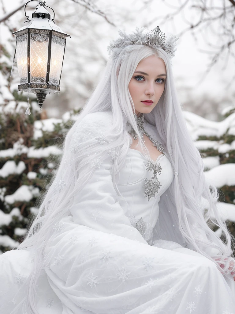 arafied woman in white dress sitting on snow with lantern, inspired by Anne Stokes, in the snow, girl under lantern, in style of anne stokes, very long snow colored hair, portrait of a steampunk ice lady, only snow i the background, pale snow white skin, in snow, ice queen, goddess of winter, white witch, full body:: snow outside::