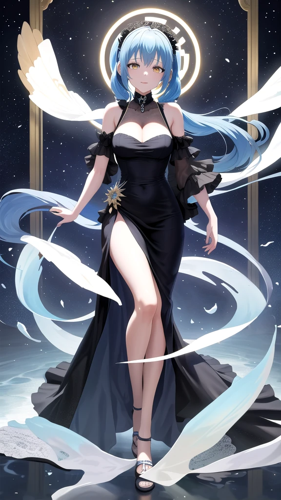 masterpiece, best quality, highres, rimuru tempest, blue hair, long hair, medium breasts, an adult girl, She has two pigtails falling over her shoulders, decorated with a very elegant and very long black dress for a gala dinner with a cut that allows her to show her leg, wears beautiful evening makeup, full body image