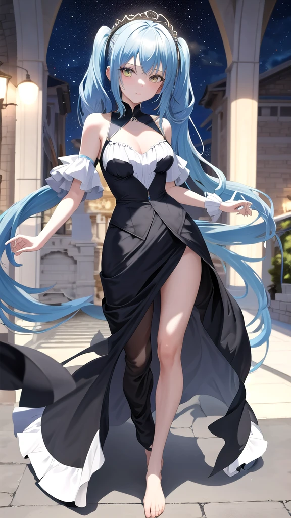 masterpiece, best quality, highres, rimuru tempest, blue hair, long hair, medium breasts, an adult girl, She has two pigtails falling over her shoulders, decorated with a very elegant and very long black dress for a gala dinner with a cut that allows her to show her leg, wears beautiful evening makeup, full body image