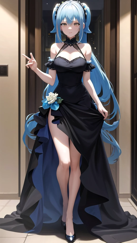 masterpiece, best quality, highres, rimuru tempest, blue hair, long hair, medium breasts, an adult girl, She has two pigtails falling over her shoulders, decorated with a very elegant and very long black dress for a gala dinner with a cut that allows her to show her leg, wears beautiful evening makeup, full body image 