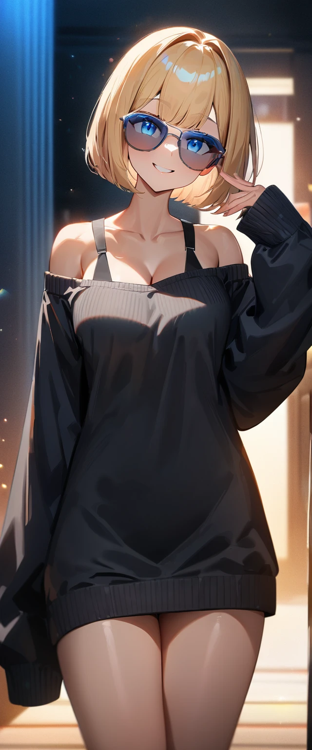 (((One girl))), blond hair, ((sunglasses, hand to sunglasses)), ((bob cut:1.3)), breasts, cleavage, (cowboy shot), standard body, (looking at viewer), oversized clothes, puffy long sleeves, collarbone, ((off-shoulder knit sweater dress:1.3, Quite thick shoulder straps)), (((sleeves past wrists:1.3))), ((black sweater)), teenager, head tilt:1.3, (((blue eye))), ((happy smile)), (((anime style))), (best quality, 4k, 8k, highres, masterpiece:1.2, ultra-detailed, ultra-detailed eyes, HDR, UHD, studio lighting, ultra-fine painting, sharp focus, physically-based rendering, extreme detail description, professional, vivid colors, bokeh), ((Highest quality, Best image quality, Ultra-high resolution, Ultra-high resolution, solo, Strong eye highlights)), Depth of written boundary, Natural soft light, attractive, Beautiful Face, Cleanliness, Pure Face, nedium chest, Beautiful Face, Perfect Fingers, Perfect hands, Perfect body, Perfect Face, Shine a light into your eyes, Perfect Anatomy