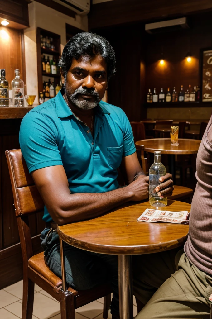 in a tamil nadu wineshop bar, there was a table and chair, a half bottle of rum, a plastic water bottle, a plastic cup, a packet of mixer, these are placed in a table and a mid age tamil man sitting in a chair near table and down his head on table