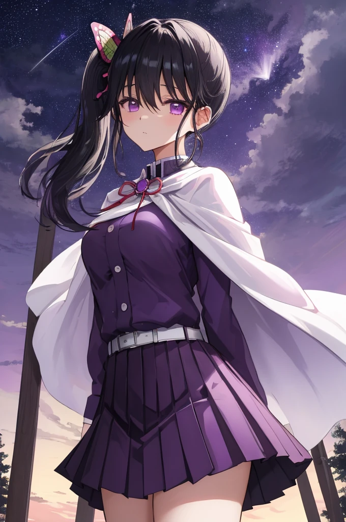 (masterpiece:1.3), (best quality:1.1), (8k, ultra detailed, ultra high res:1.2), ((anime style)), perfect 5 fingers, (perfect anatomy), (arms behind back:1.2),
1girl,
Kanao Tsuyuri,
BREAK long hair, side ponytail,
black hair,
purple eyes, (empty eyes:1.4),
butterfly hair ornament,
(medium breasts:0.9),
BREAK (purple shirt, pleated purple skirt, long sleeve, white cape with ribbon:1.2), looking at viewer,
cowboy shot,
perfect light,
waving, outdoors, forest, field, night, night sky, starry sky,