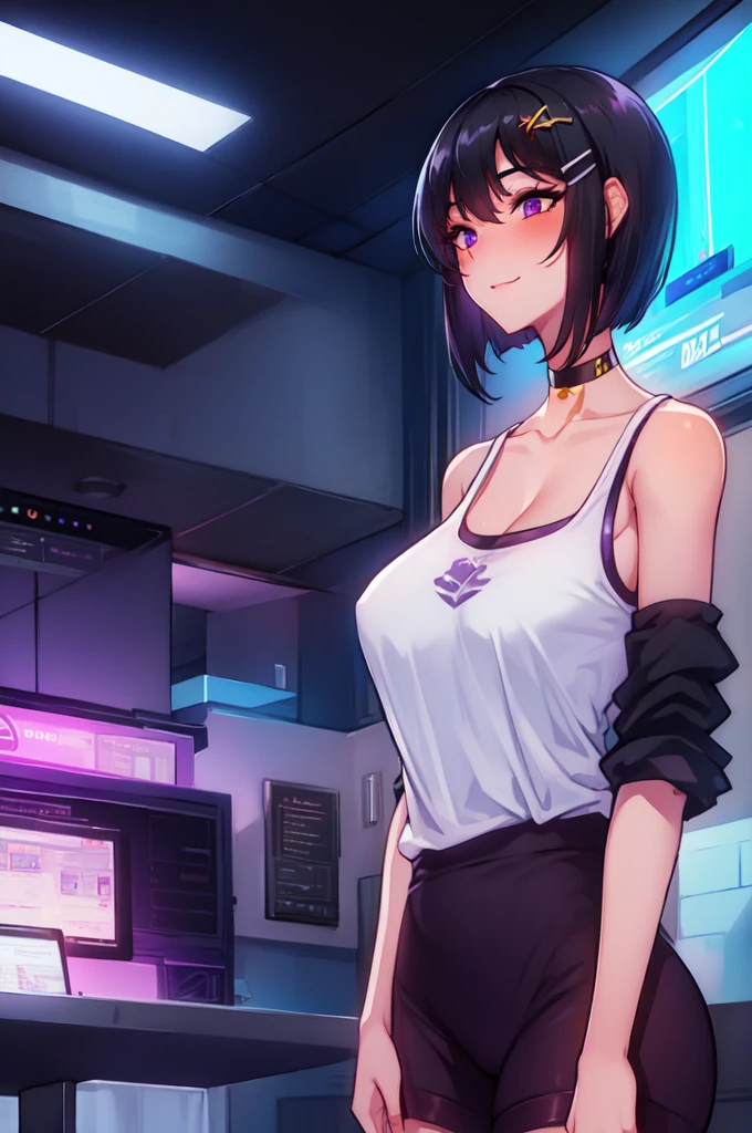 1girl, solo, , , (black hair), (colored inner hair, purple hair), straight hair, (bob cut), short hair, assymmetrical hair, bang pinned back, hairclip, brown eyes, calm behaviour, small smile, inexpressive, medium breasts, choker, white camisole, white shirt, sleeveless, bare shoulders, bare arms, leggings, comfy clothes, old fashioned, standing, upper body, bedroom, cyberpunk, computers, technology, purple light, neon posters, masterpiece, best quality, 4k