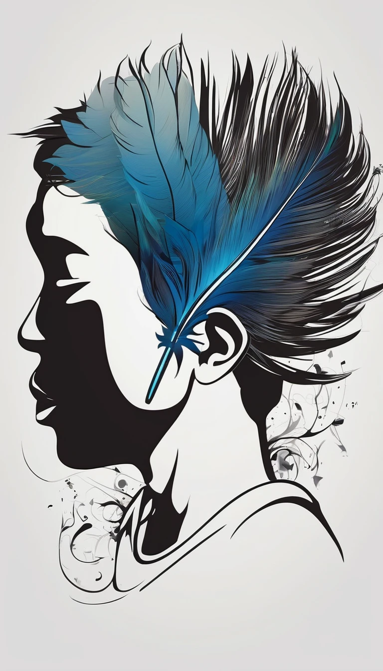 A minimalist, fantastic, poetic, dreamy, captivating, memorable, masterpiece, modern, simple logo design of a boy and a feather for the brand “Penamemoria". The logo must convey a sense of music, stories and dreams. Minimalistic logo design of a boy and a feather.