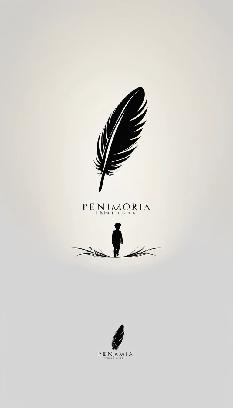 A minimalist, fantastic, poetic, dreamy, captivating, memorable, masterpiece, modern, simple logo design of a boy and a feather for the brand “Penamemoria". The logo must convey a sense of music, stories and dreams. Minimalistic logo design of a boy and a feather.