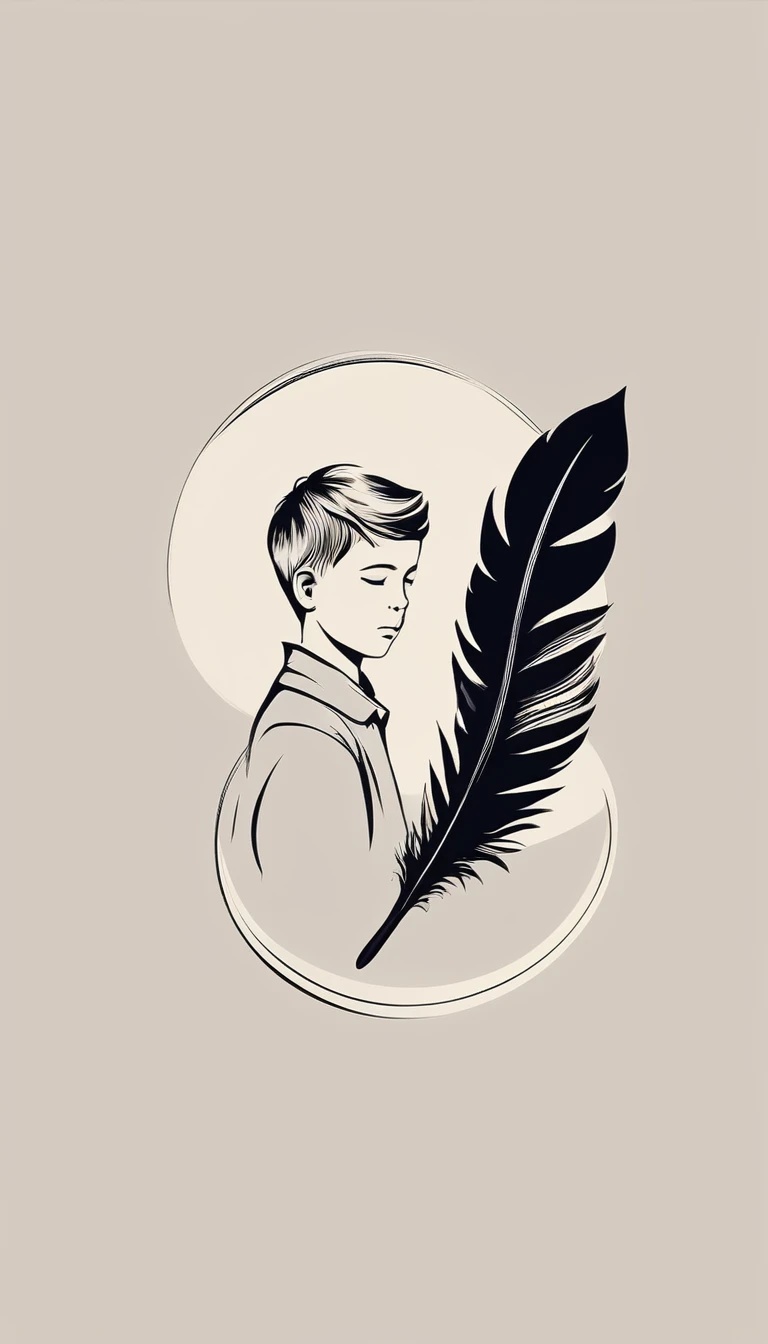 A minimalist, fantastic, poetic, dreamy, captivating, memorable, masterpiece, modern, simple logo design of a boy and a feather for the brand “Penamemoria". The logo must convey a sense of music, stories and dreams. Minimalistic logo design of a boy and a feather.