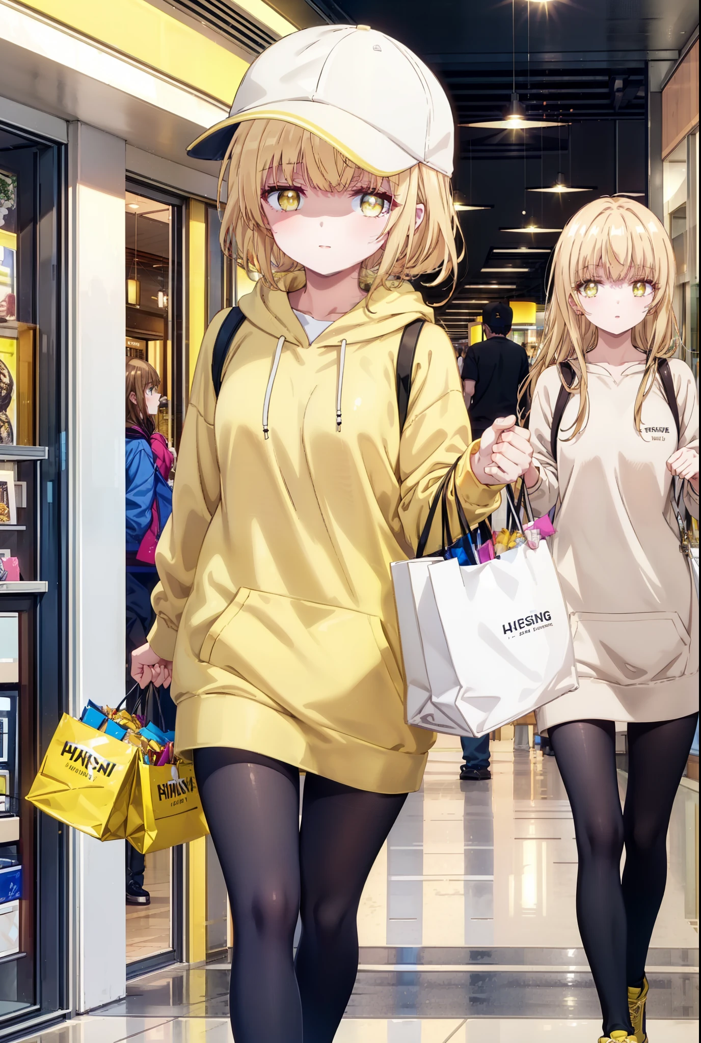 mahirushiina, Mahiru Shiina, bangs, Blonde, Brown Hair, (Yellow Eyes:1.3), smile,Open your mouth,Baseball cap,Oversized yellow hoodie,Short sleeve,mini skirt,black tights,short boots,Walking,Clear skies,Daytime,
break indoors,Shopping mall,
break looking at viewer, whole body,
break (masterpiece:1.2), Highest quality, High resolution, unity 8k wallpaper, (shape:0.8), (Fine and beautiful eyes:1.6), Highly detailed face, Perfect lighting, Highly detailed CG, (Perfect hands, Perfect Anatomy),