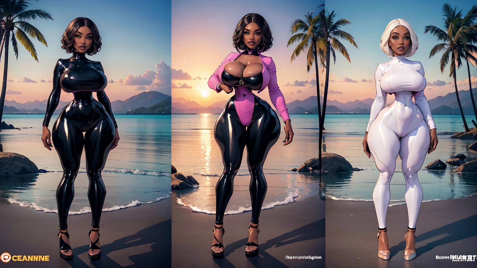 ((character concept art)), ((character design sheet, same person, multiple pose,)),(full body view),(adult MILF), Solo, old woman, Tall stature, like african elderly woman, (voluptuous:1.3), (swimsuit), goddess, big eyes, black skin, oiled skin, tan lines, full lips, gloss pink lipstick, curly short hair, seductive face, blushing, seductive standing pose, thick thighs, (tropical beach at sunset)