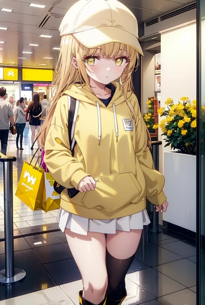 mahirushiina, Mahiru Shiina, bangs, Blonde, Brown Hair, (Yellow Eyes:1.3), smile,Open your mouth,Baseball cap,Oversized yellow hoodie,Short sleeve,mini skirt,black tights,short boots,Walking,Clear skies,Daytime,
break indoors,Shopping mall,
break looking at viewer, whole body,
break (masterpiece:1.2), Highest quality, High resolution, unity 8k wallpaper, (shape:0.8), (Fine and beautiful eyes:1.6), Highly detailed face, Perfect lighting, Highly detailed CG, (Perfect hands, Perfect Anatomy),