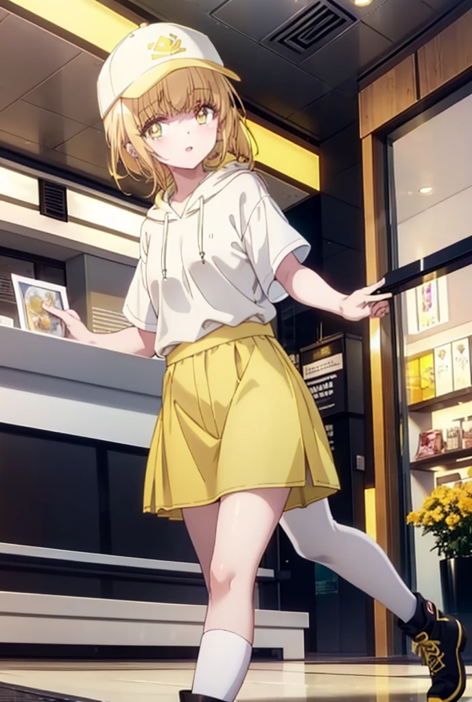 mahirushiina, Mahiru Shiina, bangs, Blonde, Brown Hair, (Yellow Eyes:1.3), smile,Open your mouth,Baseball cap,Oversized yellow hoodie,Short sleeve,mini skirt,black tights,short boots,Walking,Clear skies,Daytime,
break indoors,Shopping mall,
break looking at viewer, whole body,
break (masterpiece:1.2), Highest quality, High resolution, unity 8k wallpaper, (shape:0.8), (Fine and beautiful eyes:1.6), Highly detailed face, Perfect lighting, Highly detailed CG, (Perfect hands, Perfect Anatomy),